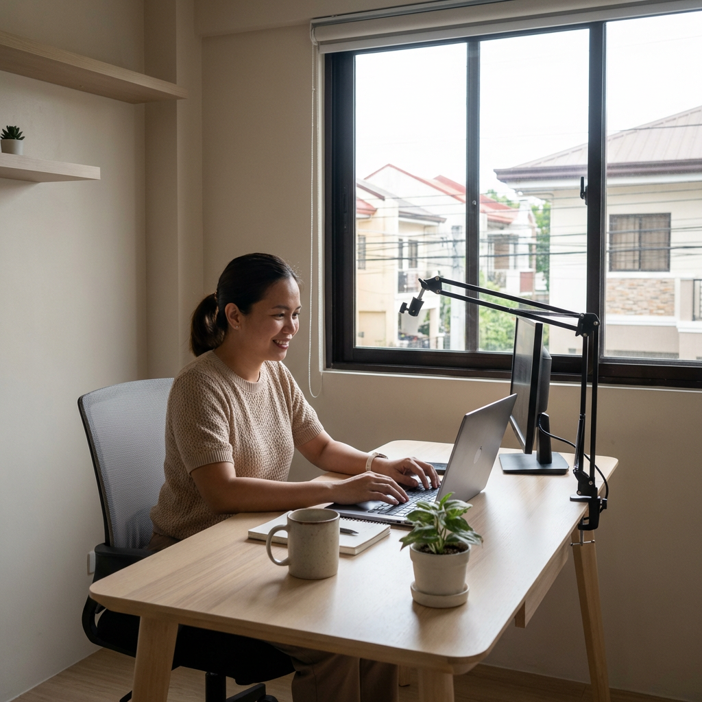 Woman smiling while working on a laptop in a bright home office setting.
