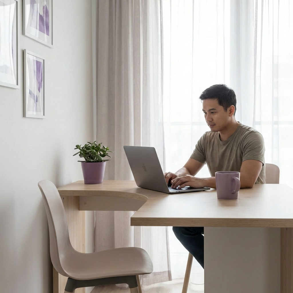 Minimalist light wood corner desk with a laptop and purple office accessories.