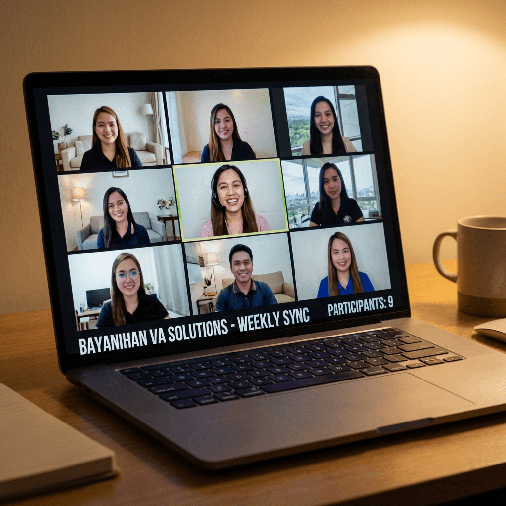 Laptop screen showing a 9-person video call for Bayanihan VA Solutions Weekly Sync.