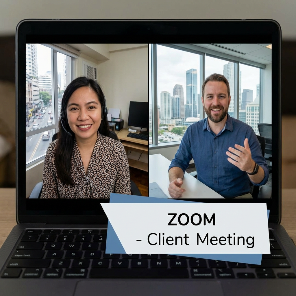 Laptop screen showing a Zoom client meeting between a man and a woman in different offices.