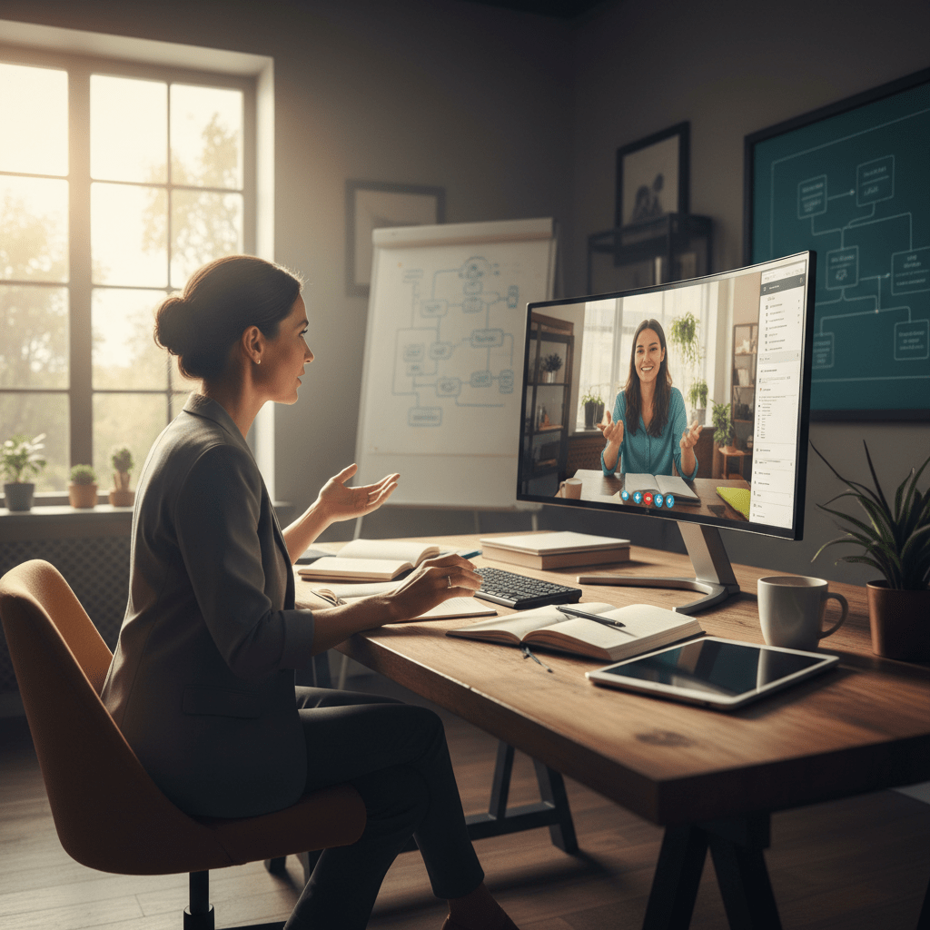 Woman in home office participating in video conference on curved monitor