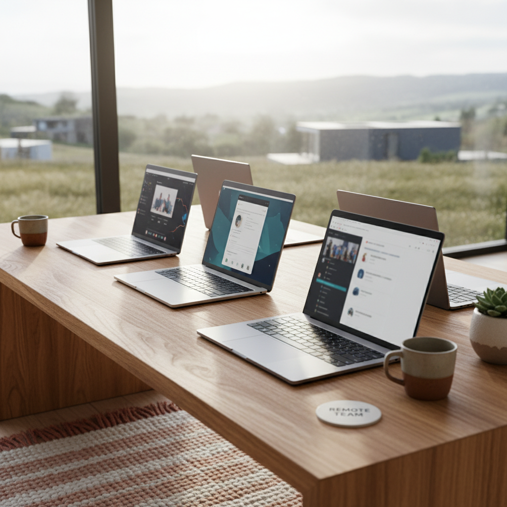 Four open laptops displaying work interfaces on a wooden desk with coffee mugs and a succulent plant