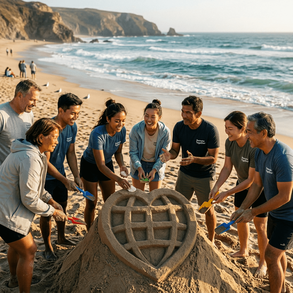 Group of people creating a heart-shaped sand sculpture on the beach with shovels